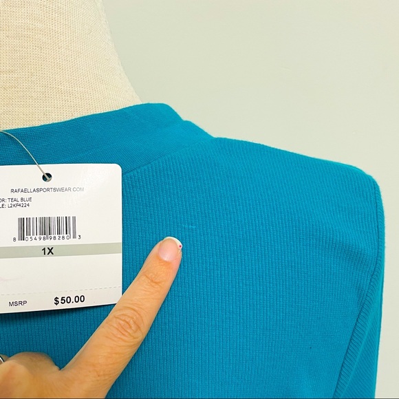 Rafaella Teal Blue Green V Neck 3/4 Sleeve Textured Stripe Top NWT 1X Stretch - Picture 9 of 9